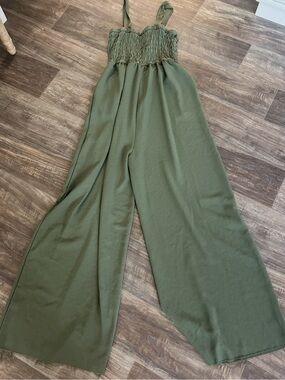 Zenana Outfitters Olive Smocked Wide-Leg Jumpsuit